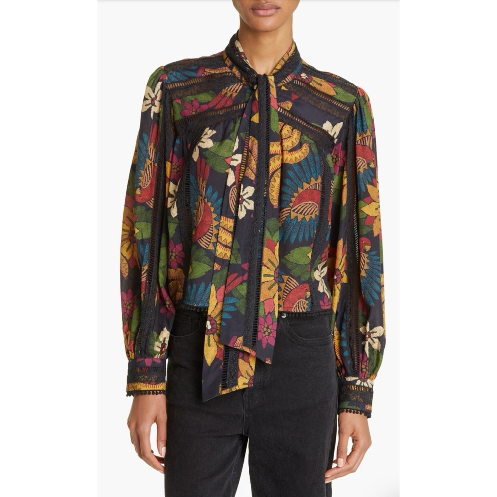 FARM Rio Black and Orange Long Sleeve Tie Front Blouse